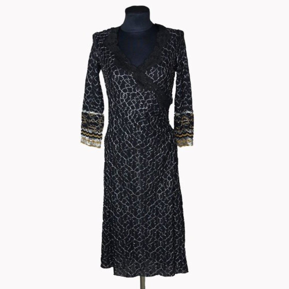 Vintage Betsey Johnson Embroidered Black Wrap Midi Dress Sz M